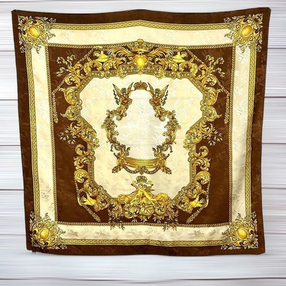 Silk Square Scarf Italy Brown Gold Cream Baroque - Picture 1 of 13